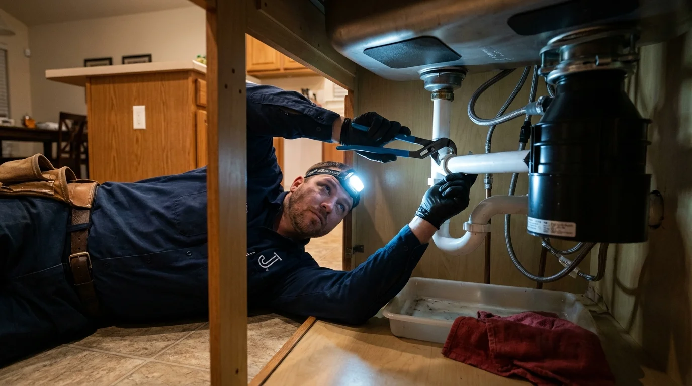 P-trap and supply line connections under a kitchen sink showing a common leak point in Windsor, CO